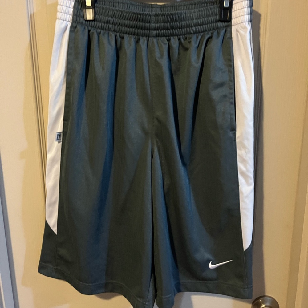 Nike Men's Dark Green and White Athletic Shorts